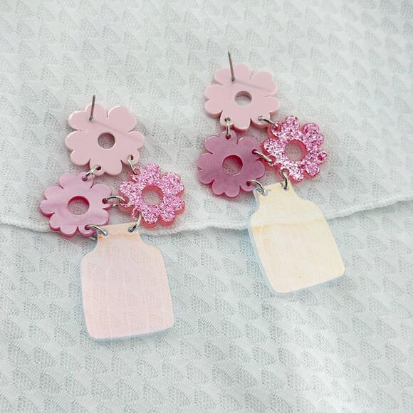 Flower Vase Drop Earrings, Acrylic Earrings, Novelty Earrings, Floral Jewelry - Picture 3 of 4